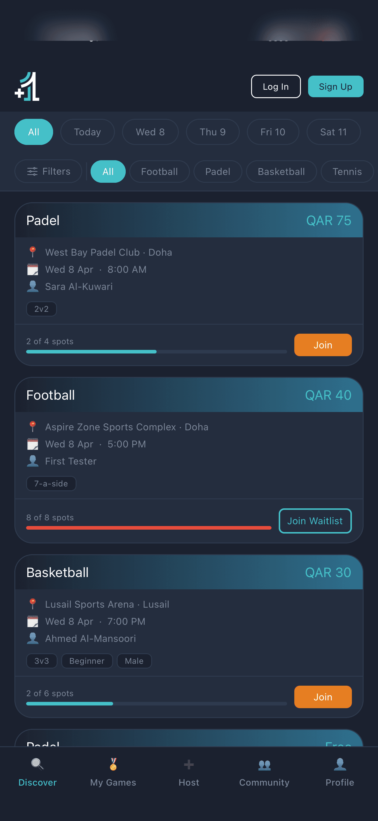 Plus 1 Sports discover screen showing available games