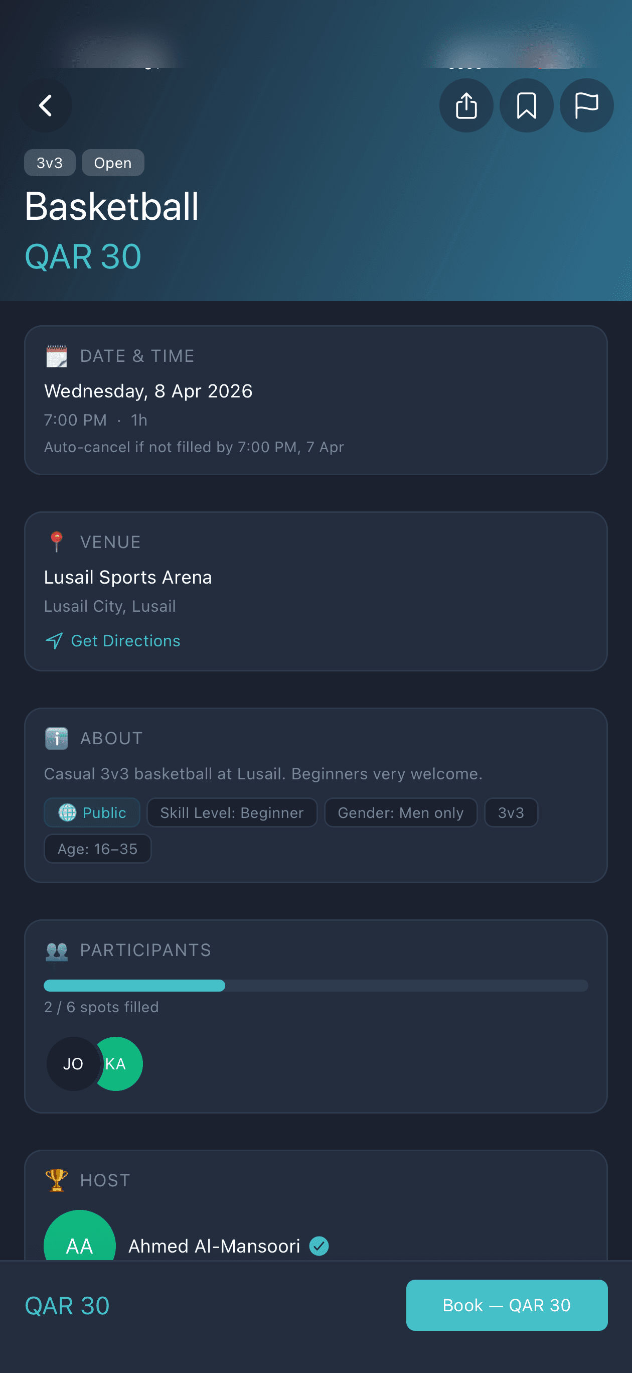 Plus 1 Sports game detail screen showing booking information
