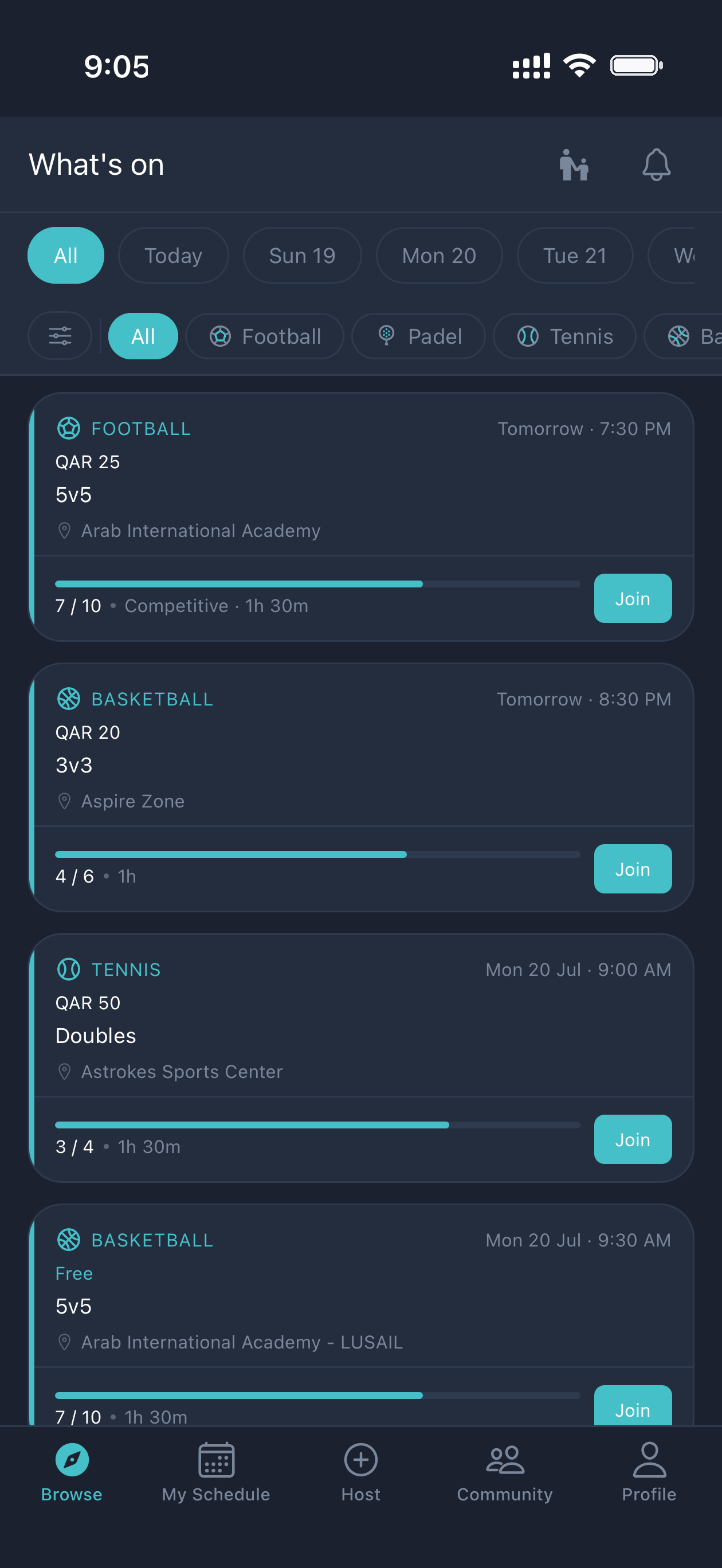 The Plus 1 Sports What's on feed, listing football, basketball and tennis games at venues across Doha